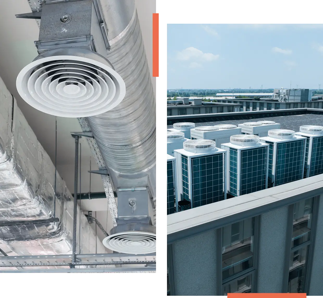 A picture of two different buildings and one is showing the air duct system.